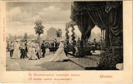 1902 Gödöllő, Az Erzsébet (Sissi) szobor leleplezési ünnepe, a királyi család megérkezése, Ferenc József. Kossak József felvétele (szakadás / tear) + 'KASSA-BUDAPEST' vasúti mozgóposta
