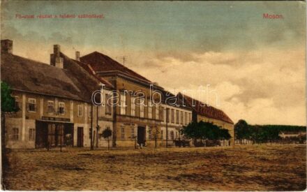 1916 Moson, Fő utca, Fehérló szálloda, Önkéntes Tűzoltó Testület, Gasthof zum weissen Rössl, vendéglő. Freitag Frigyes kiadása (EK)