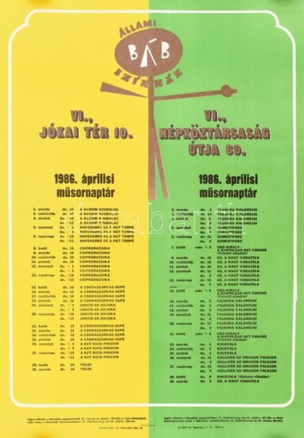 1986 Állami Bábszínház áprilisi műsornaptár, plakát, feltekerve, 68x49 cm