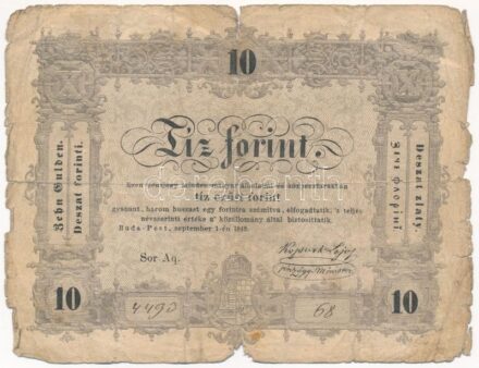 1848. 10Ft 'Kossuth bankó' vörösesbarna 'Aq 4490 68' T:III- fo. Adamo G111
