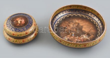Cseh Altwien bonbonier és kínálótál, matricás mitológia jelenettel díszített porcelán, kopásnyomokkal, jelzett, d: 12-20 cm