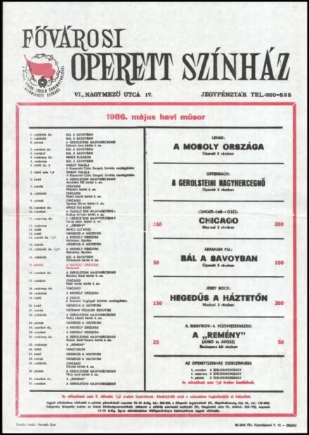 1986 Fővárosi Operettszínház május havi műsorának plakátja, 41,5x29,5 cm
