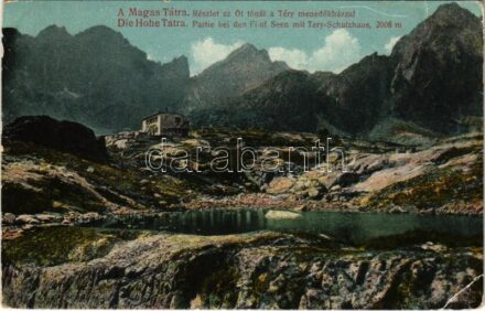 1917 Tátra, Magas-Tátra, Vysoké Tatry; részlet az Öt-tónál a Téry menedékházzal / Partie bei den Fünf Seen mit Tery-Schutzhaus / lake, rest house (EK)