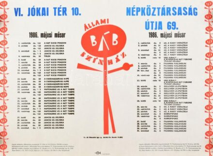 1986 Állami Bábszínház májusi műsorának plakátja, feltekerve, 58,5x41 cm