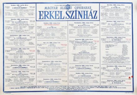 1986 Magyar Állami Operaház, Erkel Színház májusi műsorának plakátja, feltekerve, kis szakadással, foltokkal, 59,5x41,5 cm
