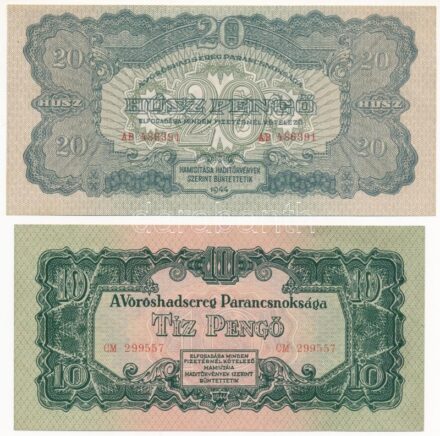 1944. 10P + 20P 'Vöröshadsereg Parancsnoksága' T:I-,II Adamo P44, P45