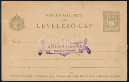 cca 1910 Adler fényirdájának bélyegzője egy levelezőlapon