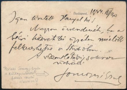 1934 Bp., perlaki Somogyi Gyula, a Magyar Telefon Hírmondó és Rádió Rt. külkapcsolatokért felelős vezetőjének saját kezű, aláírt levele, Hangel László író részére, a cég fejléces levelezőlapján