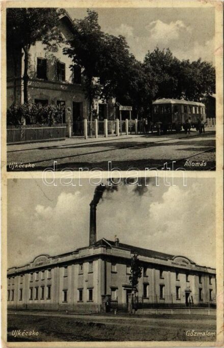 1934 Tiszakécske, Újkécske; Vasútállomás, vonat, Gőzmalom. Andrássy Jenő kiadása (r)