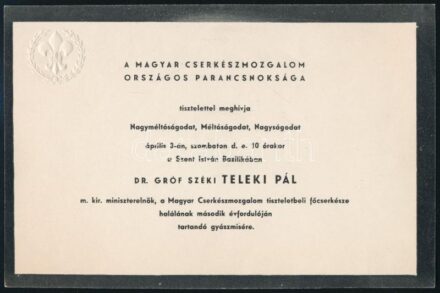 1943 Cserkészmeghívó Teleki Pál halála 2. évfordulója alkalmából