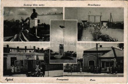 1943 Agárd (Gárdony), Gárdonyi Géza szobor, Strand bejárat, Országzászló, Posta hivatal, Csajka bazár üzlete, motorkerékpár, motorbicikli. A Csajka bazár saját kiadása (Rb)
