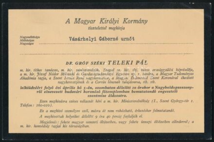 1941 Meghívó a M. Kir. Kormánytól Teleki Pál felett mondandó misére