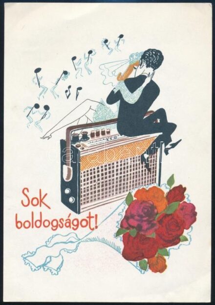 cca 1960-1980 'Sok boldogságot!', esküvői dísztávirat Sokol rádiót ábrázoló grafikával, 19x13,5 cm