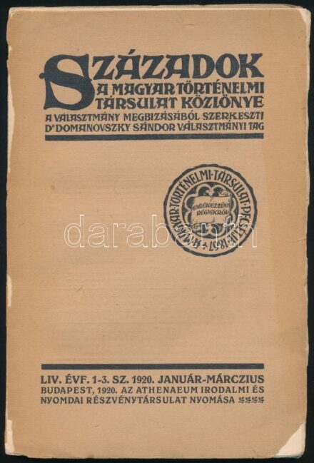 1920 Századok, a Magyar Történelmi Társulat közlönye. LIV. évf. 1-3. sz., 1920. jan.-márc. Szerk.: Dr. Domanovszky Sándor. Bp., Athenaeum-ny., (1) + 226-320 + (2) p. Papírkötésben, hiányos gerinccel, sérült, szétvált borítóval.