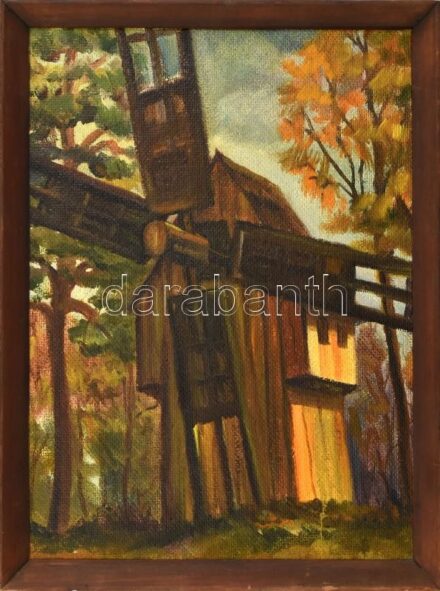 Fiszun L. V. jelzéssel, lvivi szovjet (ukrán) festő: Szélmalom. Olaj, farost, jelzett a hátoldalán. Fakeretben. 35x25,5 cm