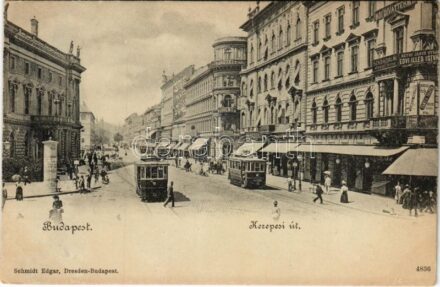 Budapest VII. Kerepesi út középi rész, villamosok, Emke Kávéház, Női divatterem, Szabadalmi mérnöki iroda, Réthy János utóda Edvi Illés István üzlete, Orient szálloda, Párisi Nagy Áruház