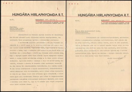 1935-1937 Hungária hírlapnyomda 8 db levele, ebből 5 db Kner Albert (1899-1976) nyomdász, grafikus aláírásával