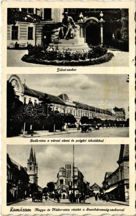 1942 Komárom, Komárno; Jókai szobor, Deák utca, Városi elemi iskola, Polgári iskola, Megye és Nádor utca, Szentháromság szobor, üzletek / statue, street view, schools, shops, Holy Trinity statue (EK)