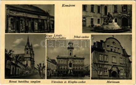 Komárom, Komárno; Római katolikus templom, Városháza, Klapka szobor, Marianum, Jókai szobor, Nagy László üzlete. Foto Röckel / church, town hall, statues, school, shops (Rb)
