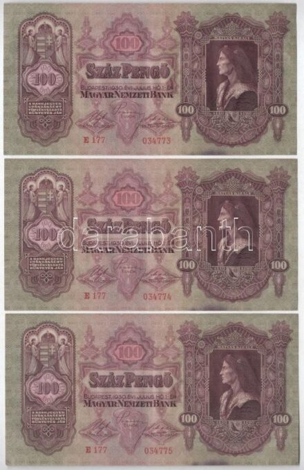 1930. 100P (3x, sorszámkövető 'E 177 034773 - E 177 034775') T:II fo. Adamo P17