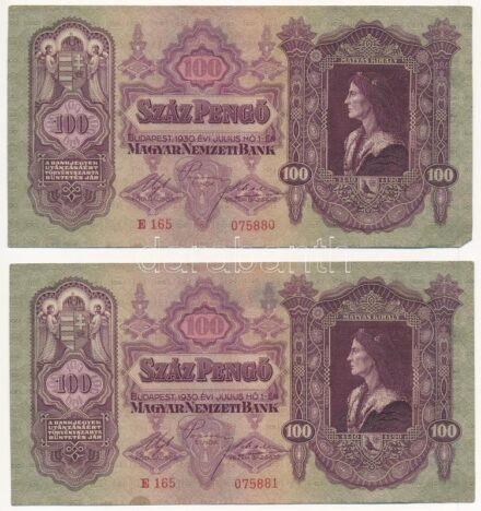 1930. 100P (2x, sorszámkövető 'E 165 075880 - E 165 075881') T:II fo. Adamo P17