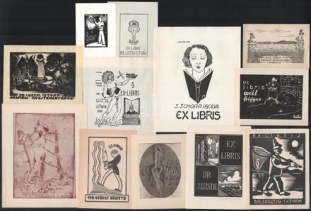 12 db különféle technikájú nagyrészt magyar (Dr. Lusztig István, Rudolf Ernő, S. Schorr Ibolya, Weil Frigyes, Vig György, Debrecen) ex libris. Különböző technika, Bordás Ferenc, Vadász Endre, Schorr Tibor, Várkonyi Károly, Bartos