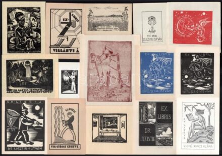 20 db különféle technikájú nagyrészt magyar (Dr. Lusztig István, Rudolf Ernő, Galambos Ferenc, Weil Frigyes, Vig György, Debrecen, erotikus, stb.) ex libris. Különböző technika (Schorr Tibor, Fery Antal, Drahos István, Stettner,
