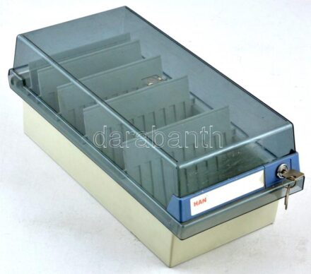 Műanyag képeslaptartó doboz rendszerező elválasztókkal és kulccsal / Plastic box for postcards with organizing dividers and keys