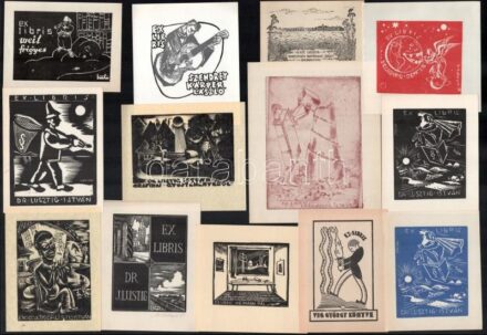 20 db különféle technikájú nagyrészt magyar (Dr. Lusztig István, Rudolf Ernő, Galambos Ferenc, Weil Frigyes, Vig György, Debrecen, erotikus, stb.) ex libris. Különböző technika (Bordás Ferenc, Dolazal, Vadász Endre, Várkonyi,