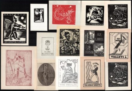 20 db különféle technikájú nagyrészt magyar (Dr. Lusztig István, Rudolf Ernő, Galambos Ferenc, Weil Frigyes, Vig György, Debrecen, erotikus, stb.) ex libris. Különböző technika. / 20 Hungarian ex libris bookplates. Different technique.