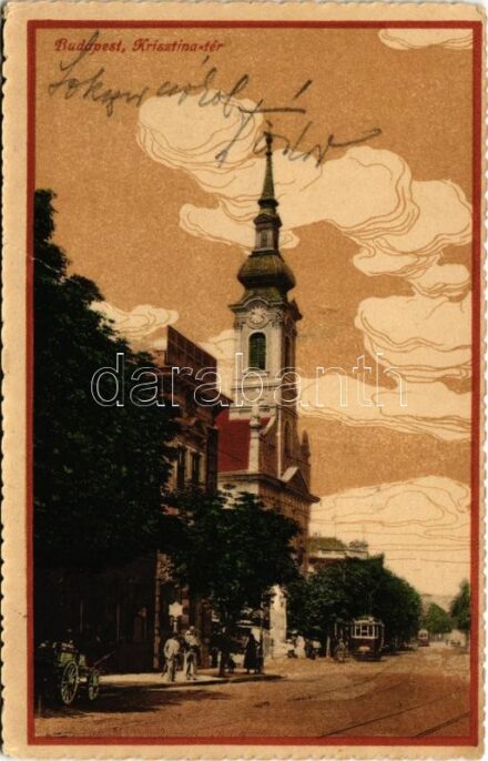 1921 Budapest I. Krisztina tér, villamos, plébániatemplom. Stark Ferenc kiadása (fa)