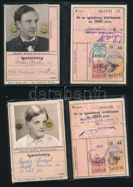 1942-46 Sárdy Brutus (1892-1970) festőművész, restaurátor, fővárosi múzeumi irodatiszt és fia Sárdy Lóránt (1931-2014) későbbi festőművész, restaurátor fényképes MÁV igazolványa, össz. 2 db