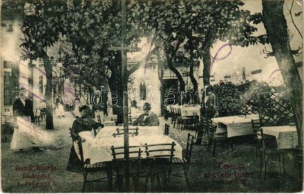 1908 Budapest I. Buzik András 'Öreg Diófa' vendéglő kerthelyisége. Pálya utca 3. (lyukak / holes)