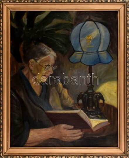Jelzés nélkül: Olvasó hölgy. Olaj, vászon. Sérült keretben, sérült. 60x47 cm