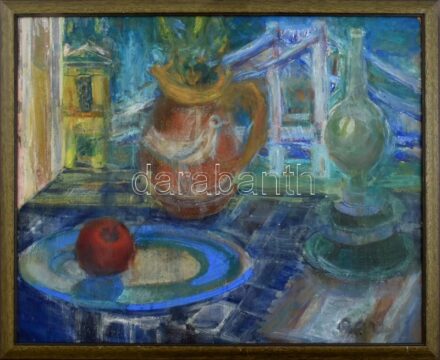 Gerő András (1936-): Csendélet. Olaj, farost, hátoldalán jelzett, kopott keretben. 47x59cm