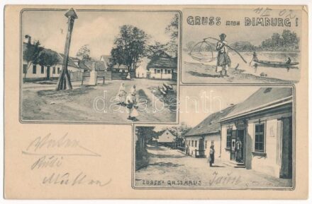 1902 Dimvár, Dimburg, Suchohrad; Fő tér, halász hálóval, Zubek vendéglője / Gasthaus / main square, fisherman, restaurant