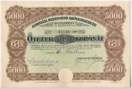 1922. Gazdák Biztosító Szövetkezete értékpapír 5000K-ról szárazpecséttel T:III