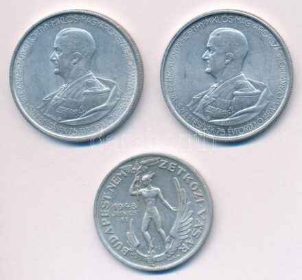 1943. 5P Al 'Horthy 75. születésnapjára' (2x) + Iván István (1905-1968) 1948. június 11. 'Magyar Állami Pénzverő - Budapesti Nemzetközi Vásár' Al emlékérem (32mm) T:1-,2 patina, karc, kis ph