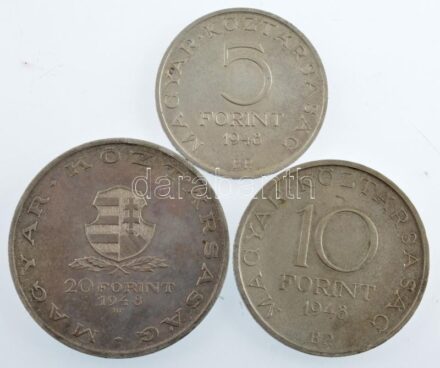 1948. 5Ft Ag 'Petőfi' + 10Ft Ag 'Széchenyi' + 20Ft Ag 'Táncsics' 'Szabadságharc sor' T:1- patina, karc, kis ph Adamo EM1, EM2, EM3