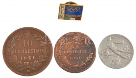 Olaszország 1861N 5c Cu 'I. Viktor Emánuel' + 1866M 10c Cu 'I. Viktor Emánuel' + 1921. 20c Ni + DN 'FIN' zománcozott fém olimpiai jelvény T:3,2 Italy 1861N 5 Centesimi Cu 'Vittorio Emanuele I' + 1866M 10 Centesimi Cu 'Vittorio Emanuele I' +