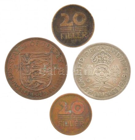 4db-os vegyes érmetétel, közte 1946-1947. 20f Al-Br (2xklf) + Nagy-Britannia / Jersey 1933. 1/12Sh Br 'VI. György' + 1948. 2Sh Cu-Ni 'VI. György' T:2- patina, ph, karc, ü. 4pcs of mixed coin lot, in it Hungary 1946-1947. 20 Fillér Al-Br