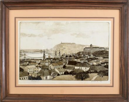 Gaál Domonkos (1940-2009): Budapest. Rézkarc, papír, jelzett. Üvegezett, kissé sérült fakeretben, 26x39 cm