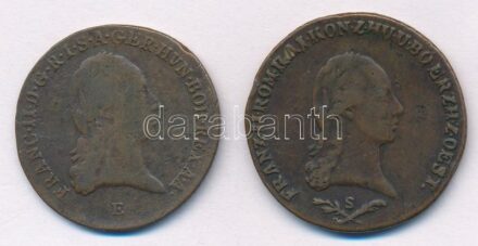 Ausztria 1800E 3kr Cu 'II. Ferenc' + 1800S 6kr Cu 'II. Ferenc' T:2-,3 patina, ph, kis ü. Austria 1800E 3 Kreuzer Cu 'Franz II' + 1800S 6 Kreutzer Cu 'Franz II' C:VF,F patina, edge error, small ding Krause KM#2115.3, #2128
