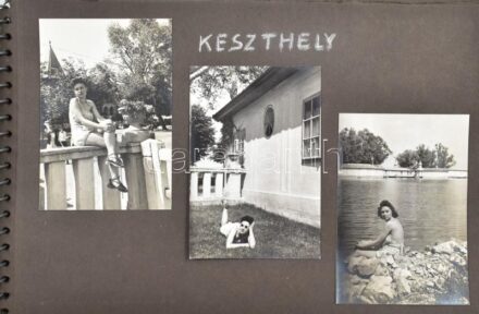 Családi fotóalbum, főként fürdőhelyeken készített életképekkel, portrékkal (Keszthely, Hévíz, Balatonföldvár, Halászbástya, stb.), vegyes méretű beragasztott fotókkal, feliratozva