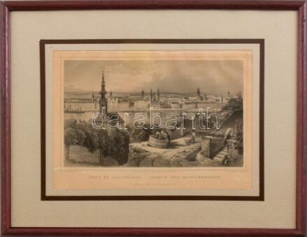 Ludwig Rohbock (1820-1883)-Georg Michael Kurz (1815-1883): Pest és a Ráczváros (Tabán), Pest, Lauffer és Stolp, acélmetszet, jelzett a dúcon, üvegezett fa keretben, 12x18 cm