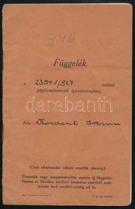 1929 Függelék gépjárművezetői igazolványhoz