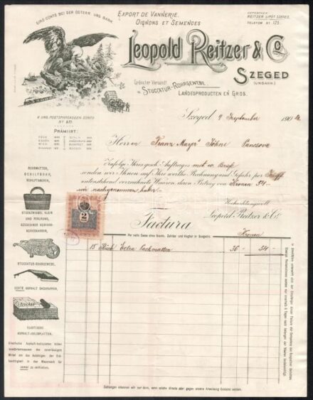 1904 Szeged, Leopold Reitzer & Co. fejléces számla, illetékbélyeggel