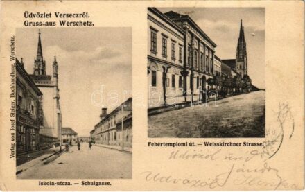 Versec, Vrsac; Iskola utca, Fehértemplomi út, Pietát üzlet. Josef Steiger kiadása / streets, shop (EK)