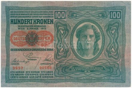 Ausztria 1919. (1912) 100K, vízszintes 'DEUTSCHÖSTERREICH' felülbélyegzéssel, mindkét oldal német T:I- sarokhajlások Austria 1919. (1912) 100 Kronen, with horizontal 'DEUTSCHÖSTERREICH' overprint, both sides in german C:AU corner