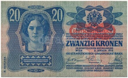 1913. 20K II. kiadás piros 'DEUTSCHÖSTERREICH' felülbélyegzéssel, '1158 679927' T:I- Hungary 1913. 20 Korona 2nd issue, with red 'DEUTSCHÖSTERREICH' overprint, '1158 679927' C:AU Adamo K18B